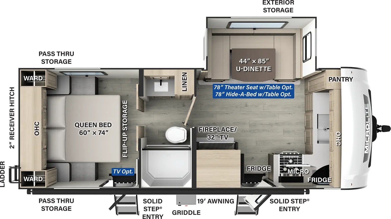 The Flagstaff Micro Lite 25FKB has two entries and one slide out. Exterior features include: fiberglass exterior and 19' awning. Interiors features include: front kitchen, u-dinette, rear bedroom and pass through bathroom.